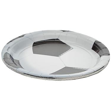 Imagem de Pratos de sobremesa redondos de papel preto e branco de futebol 3D - 18 cm (8 ct) - Perfeito para entusiastas de esportes, aniversários e noites de jogos