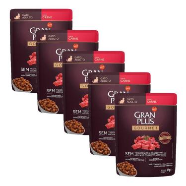 Imagem de KIT 5 Ração Úmida Gran Plus Gourmet Gatos Adultos Carne Sachê 85g