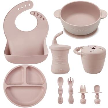 Imagem de PandaEar Conjunto de alimentação infantil em silicone | 9 peças para desmame guiado pelo bebê e autoalimentação | prato dividido com sucção, tigela, babadores, copo de transição com canudo, recipiente