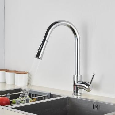 Imagem de Torneiras de cozinha níquel douradas, torneiras de aço inoxidável pull down stream deck mount para pia de água preta escovada, cromada 2,1