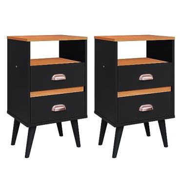 Imagem de Kit 2 Mesas Cabeceira Retrô Mesinhas Gavetas Organizadoras Puxador Concha e Nicho Decorativo Canto Cama Quarto Casal Classic New - RPM (Preto/Cinamomo2)