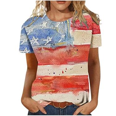 Imagem de Blusa feminina longa com estampa da bandeira dos EUA para verão outono manga 3/4 gola redonda blusas femininas 2024, W-890 Vermelho, XXG