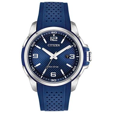 Imagem de Citizen Relógio masculino Eco-Drive Weekender em aço inoxidável com pulseira de poliuretano azul, mostrador azul (modelo: AW1158-05L), Dois tons, Casual