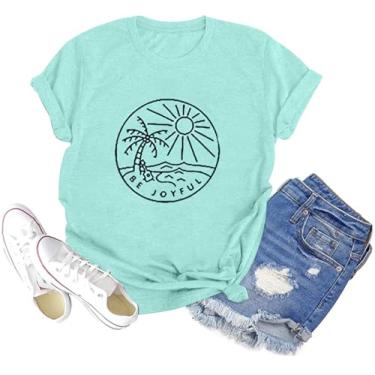 Imagem de Camiseta feminina Sunset Pine Tree, estampa retrô, estampa de sol, casual, manga curta, C 03 - azul claro, P