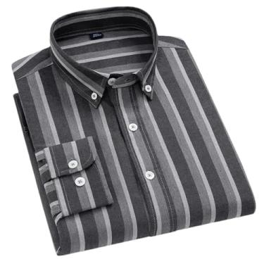 Imagem de Camisas masculinas listradas de algodão manga comprida não passar a ferro camisa casual negócios escritório colarinho botão lazer outono, H-h-2118, GG