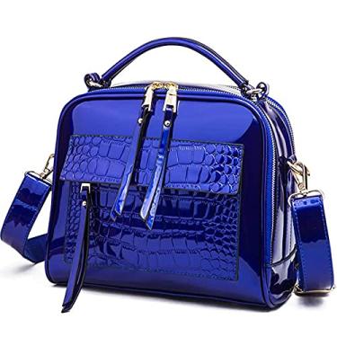 Imagem de ZiMing Bolsa feminina de couro envernizado brilhante com alça superior a tiracolo bolsa de ombro com estampa de crocodilo, Azul, One Size