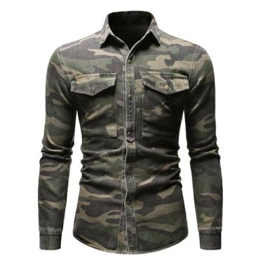 Imagem de Camisa jeans masculina, manga comprida, camuflada, cor combinando com gola aberta, bolsos frontais, Verde militar, 3G