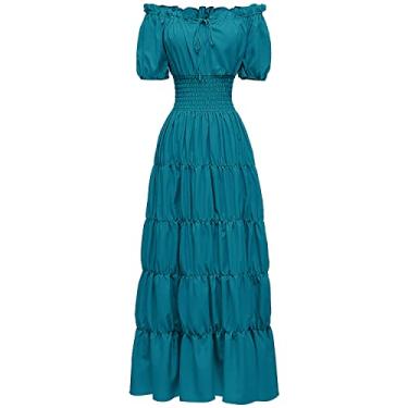 Imagem de Abaowedding Vestido feminino renascentista medieval camisa pirata camponesa top irlandês sob vestido, Azul, G