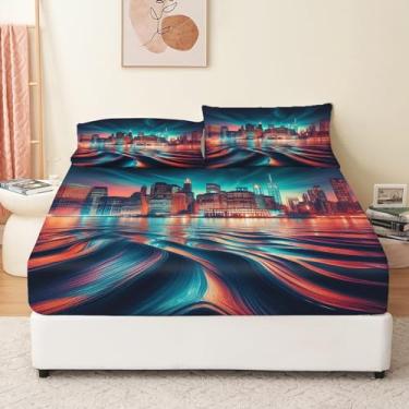 Imagem de Bhoyctn Jogo de lençol King de microfibra macia, paisagem urbana, multicolorido, estampado, 4 peças, lençol de cima, lençol com elástico profundo e 2 fronhas