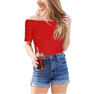 Imagem de Topstype Camisetas femininas com ombros de fora, manga curta, caimento justo, caneladas, justas, justas, para sair, Vermelho, XXG