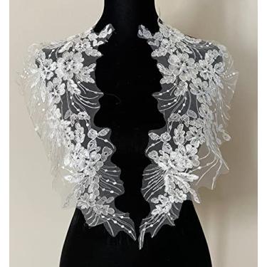Imagem de PEPPERLONELY 1 par de apliques de renda com lantejoulas e flores costuradas em renda bordada para vestido de noiva adorno de cabeça DIY Patch acessórios de roupas, 41 x 20 cm, marfim