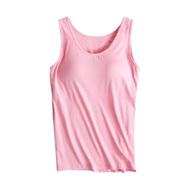 Imagem de Camiseta feminina de algodão, sutiã embutido, sem mangas, confortável, elástica, ioga, academia, treino, alças ajustáveis, rosa, G