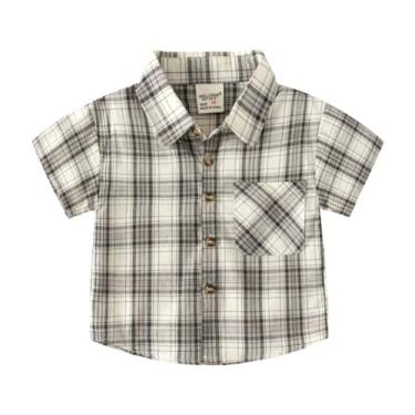 Imagem de Yueary Camiseta masculina casual manga curta clássica xadrez abotoada camiseta unissex algodão infantil moda verão 2024, Preto, 90/18-24 M