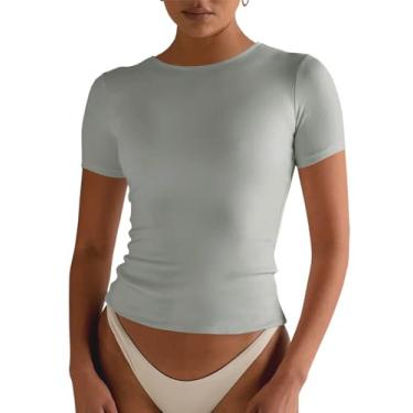 Imagem de Tankaneo Camisetas femininas slim fit com forro duplo de manga curta gola redonda elástica para treino, Cinza, M