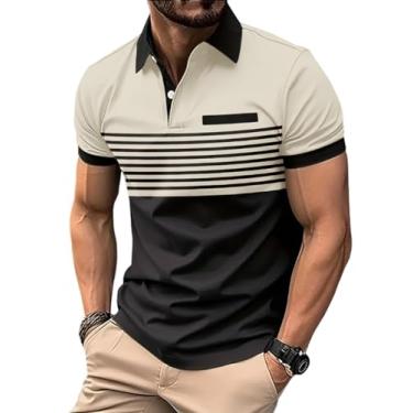 Imagem de SOLY HUX Camisa polo masculina de golfe manga curta gola tênis camiseta listrada colorida, Cáqui e preto, G