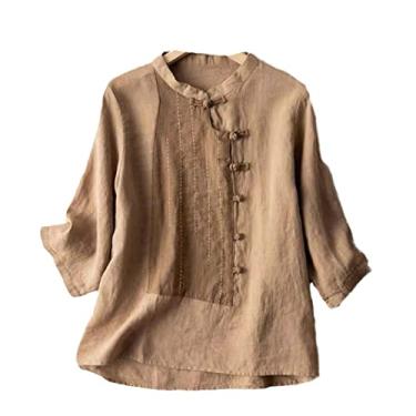 Imagem de Camisetas femininas de algodão linho casual verão primavera literária retrô tradições chinesas Tyle Hanfu camisetas femininas patchwork, H-803, M