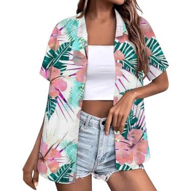 Imagem de Camisetas femininas havaianas abotoadas lapela legal verão praia blusa floral tropical coco gráfico blusa blusa manga curta, Z05 Branco, M