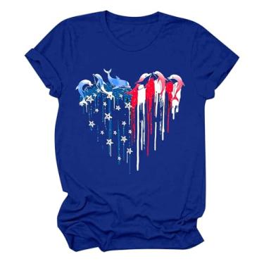 Imagem de Camiseta feminina com bandeira americana Dia da Independência Patriótica 4th of July Heart Graphic Tees Shirts Star Stripe Tops, Azul, G