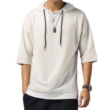 Imagem de Covisoty Camiseta masculina de manga curta com capuz de algodão macio com absorção de umidade, casual, patchwork, moletom com capuz unissex, Bege, 3G