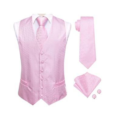 Imagem de Hi-Tie Conjunto de gravata e colete masculino clássico colete e gravata lenço abotoaduras terno festa de casamento, Rosa claro, Medium