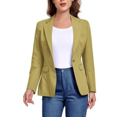 Imagem de Blazer feminino para trabalho, escritório, um botão, lapela notched, negócios, smoking, casual, jaquetas, terno pequeno, Amarelo, G