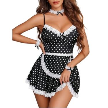 Imagem de Avidlove Pacote com 6 roupas femininas para fantasia de empregada, lingerie sexy, vestido de dormir com gargantilha P-2GG, Bolinhas brancas, GG