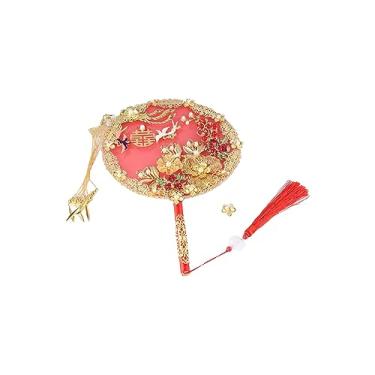 Imagem de Kopida Ventiladores redondos vintage chineses, ventilador de liga em forma de fênix, ventilador de mão de flor dourada com borla, ventilador de grupo de noiva de casamento