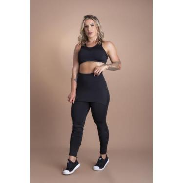 Imagem de Conjunto Feminino Calça Legging Saia Tapa Bumbum E Top Com Tela Academ
