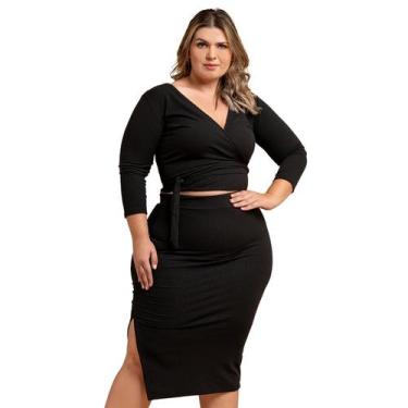 Imagem de Conjunto Feminino Plus Size Slim Transpassada Cropped Envelope Saia Mi