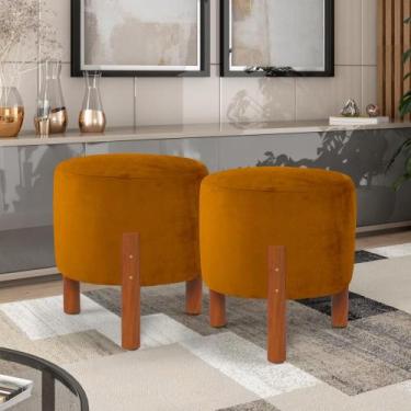 Imagem de Kit 2 Puff Redondo Zeus Pés Madeira Maciça Suede Terracota - AmpliShop
