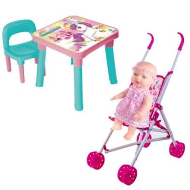 Imagem de Mesa Unicórnio Infantil Didática + Boneca Sapeka e Carrinho - Monte Lí