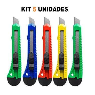 Imagem de Kit 5 Estilete Simples 15cm Lamina 18mm Cores Variadas - FERRAGENS