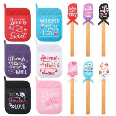 Imagem de Zhehao Conjunto de 12 peças de espátulas de silicone para chá de panela com laços, suportes de panela resistentes ao calor com bolso, presentes para casamento, dia dos namorados (estilo de casamento,