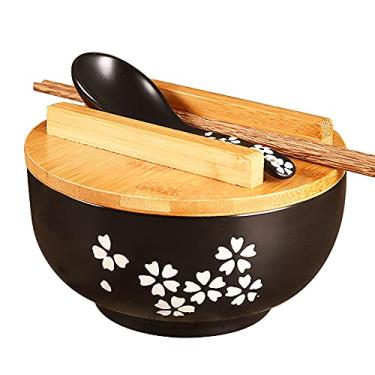 Imagem de WHJY Tigela de cerâmica preta com tampa, colher, pauzinhos para sopa, arroz, macarrão. Utensílios de mesa de estilo tradicional japonês.
