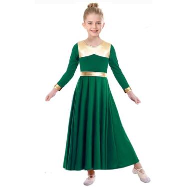 Imagem de ZYACTU Vestido de dança de louvor para meninas, metálico, manga comprida, fantasia litúrgica, roupa de dança lírica, roupão de igreja, 02 - Verde escuro, 7-8 Anos