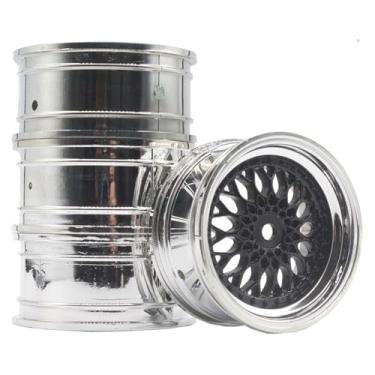 Imagem de LAFEINA 4PCS RC Car Diameter 52mm Plating Plastic Wheels Rims Replacement for Traxxas HSP HPI Tamiya Yokomo TT01 TT02 1/10 RC On Road Touring Racing Drift Car (Offset 6mm, Black Silver)