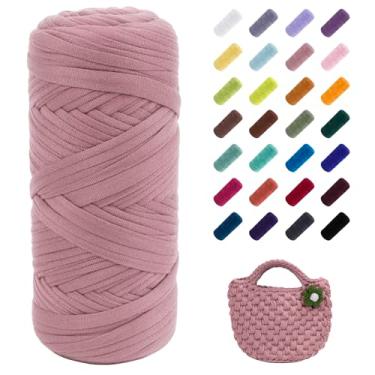 Imagem de JeogYong Fio de camiseta, 200 g/59,7 m, tecido elástico de tecido de tricô, fita de tecido de crochê grosso rosa empoeirado para sacos/cestas/tapetes de crochê, decoração de casa, artesanato DIY