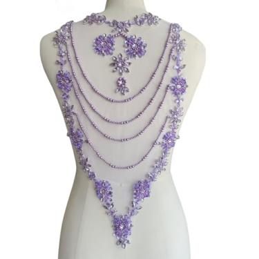 Imagem de Aplique de renda de strass feito à mão, costura, contas brilhantes, apliques de franja de cristal para roupas de vestido acessórios traseiros 25 x 53 cm (roxo claro)