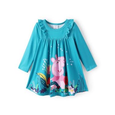 Imagem de Peppa Pig Vestido infantil para meninas, manga comprida, estampado, bonito, casual, outono, roupas roxas para festa de aniversário, Verde, 3-4 Anos