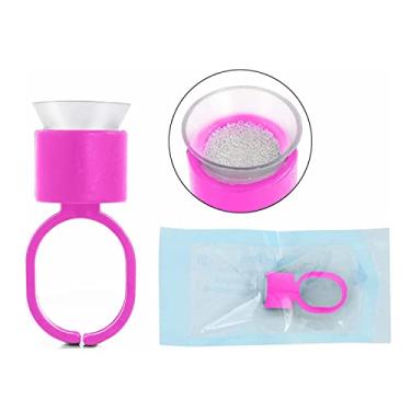 Imagem de Copos de anel de tinta, 50 peças de anéis de cola de pigmento microblading rosa com tampas de copos de tinta de esponja de maquiagem permanente extensões de sobrancelha suporte médio para suprimentos