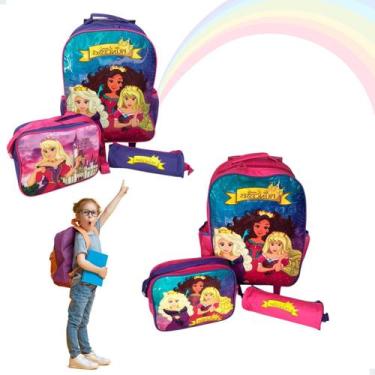 Imagem de Kit Mochila Escolar Lancheira Estojo Princesas Rosa/Roxo - Rocie