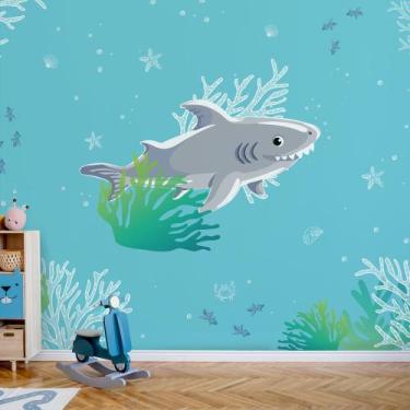 Imagem de Papel de Parede Infantil Fundo do Mar Tubarão Feliz 9m² - Quartinhos