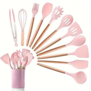 Imagem de HJZSZX Conjunto de utensílios de cozinha de silicone, balde redondo, 12 peças, espátula antiaderente, colher, utensílios de cozinha, rosa, mais de cinco, conjunto de peças