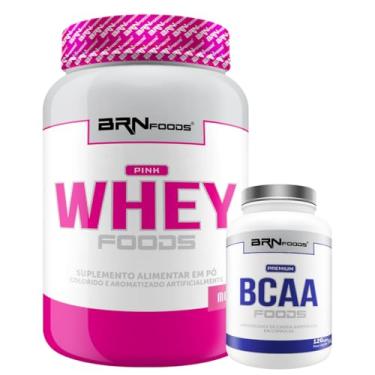 Imagem de Kit Pink Whey c/Colágeno 900g + Premium BCAA Foods 120 Cáps - BRN Foods (Médio, Morango)