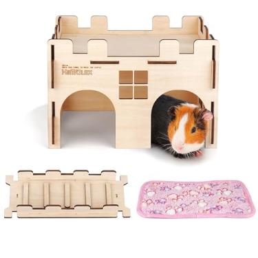 Imagem de HIIMALEX Esconderijo de porquinho-da-índia resistente com rampa e cama de pelúcia, castelo de madeira para porquinho-da-índia, chinchila, ouriço, gerbil, hamster, rato, casa, habitat, para brincar e