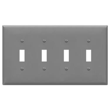 Imagem de ENERLITES Placa de parede com interruptor de luz quadrupla, placa de interruptor de interruptor, acabamento brilhante, tamanho medio de 4 entradas, 12,4 cm x 21,7 cm, policarbonato termoplastico inquebravel, 8814M-GY, cinza