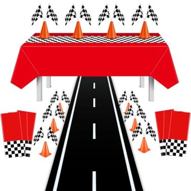 Imagem de HunnmingRe 42 peças de artigos de festa de aniversário de carro de corrida 137 x 272 centímetros toalha de mesa vermelha, 18 cm laranja cones de trânsito de corrida cones de treinamento esportivo e