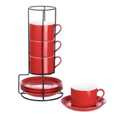 Imagem de Meichu Copos de cappuccino empilháveis de porcelana de 227 g com pires e suporte de metal, conjunto de 4 xícaras de café para expresso, bebidas de café especiais, latte, americano e chá - vermelho