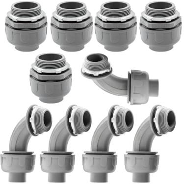 Imagem de Feotech Pacote com 10 conectores rígidos de líquido de 3,5 cm - Conexões de conduíte elétrico de PVC, reto, conectores flexíveis não metálicos de 90 e 180 graus para casa, banheiro e cozinha, cinza