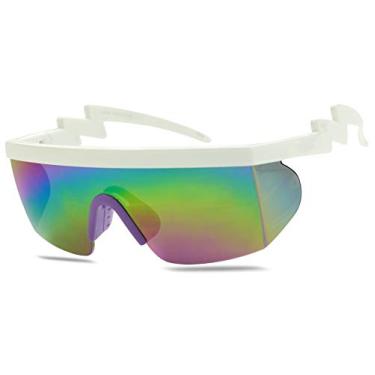 Imagem de ShadyVEU Óculos de sol arco-íris neon semi sem aro com lentes espelhadas proteção UV anos 80 retrô rave Shades torto ziguezague parafuso braço, Armação branca/almofada de nariz roxa, Large